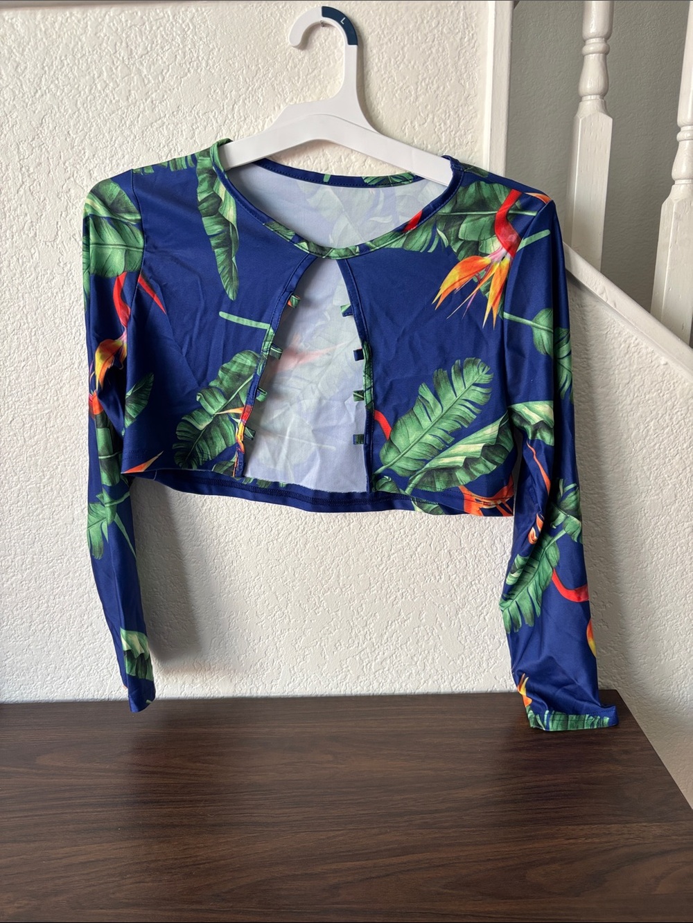 Navy Tropical-Print Cropped Long-Sleeve Top